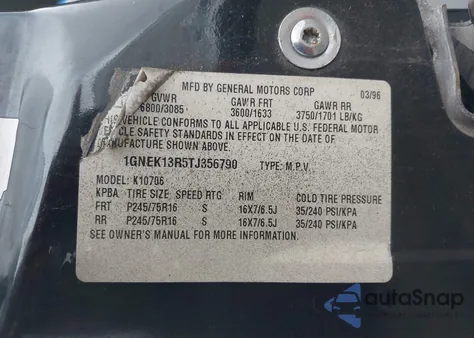 1996 Chevrolet Tahoe K1500 z USA, uszkodzony, nr VIN 1GNEK13R5TJ356790